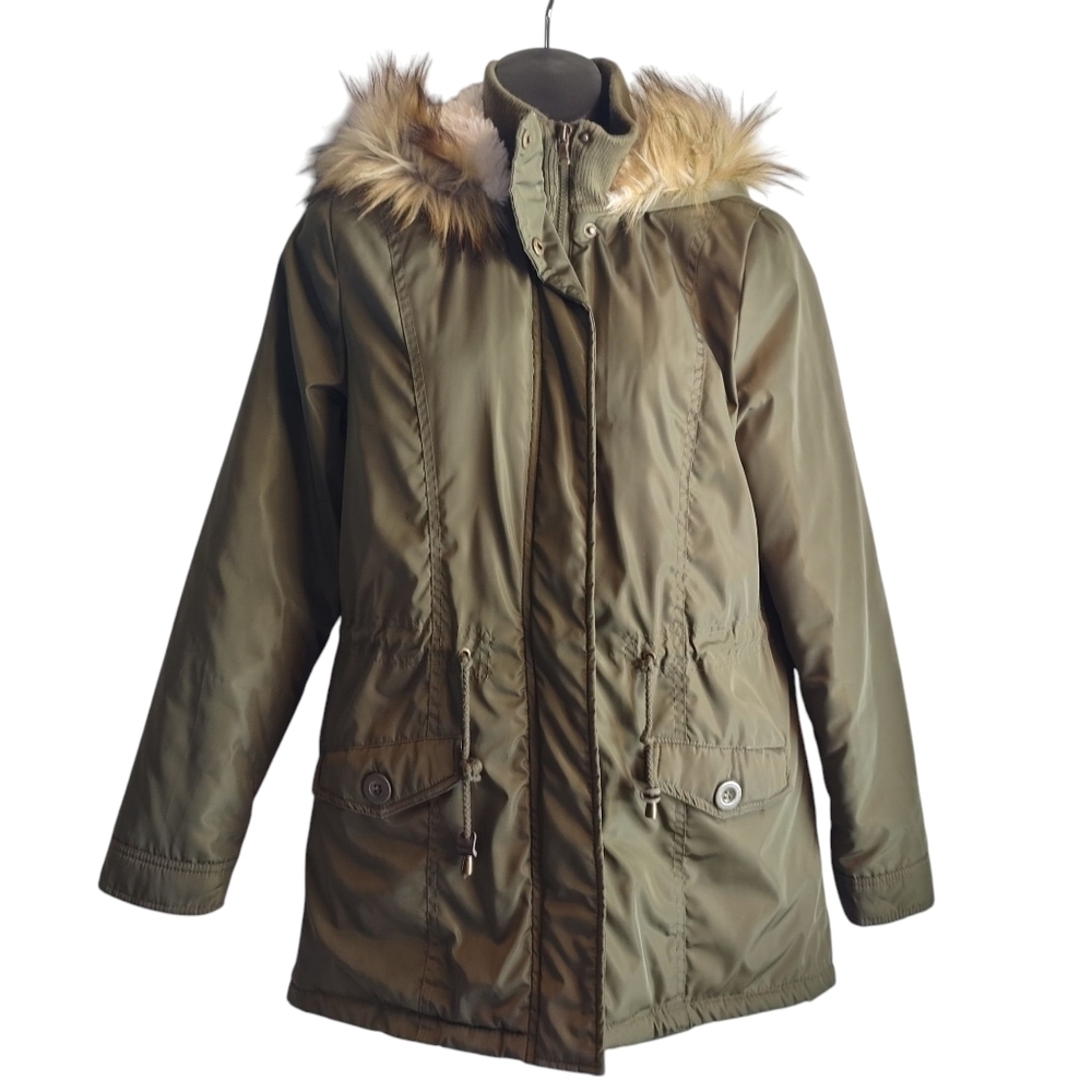 Rue21 Women's Olive Green Quilted Faux Fur Hood ZIP Up Coat Size Medium